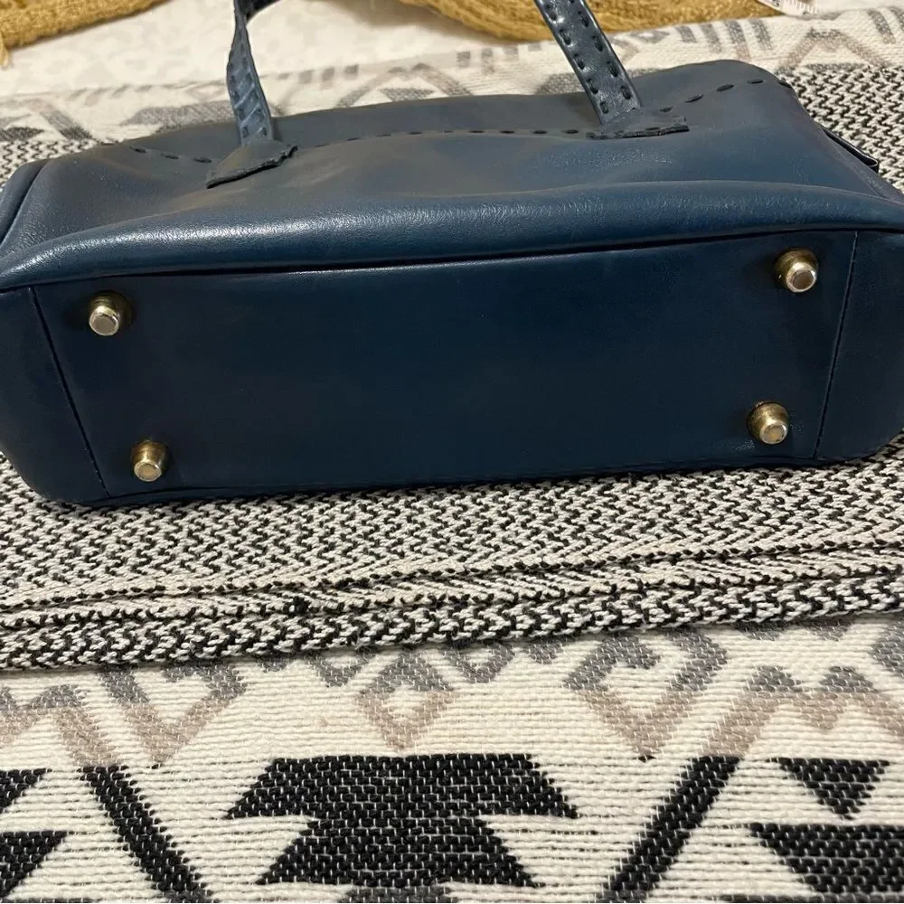 Vintage Ganson Navy Leather Short Handle Tote W/Stitching Detail Bag